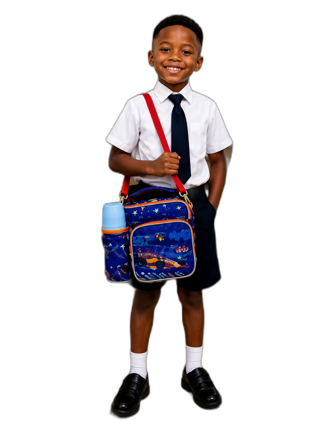 Smiling boy in school uniform with Chinex Kiddies World backpack